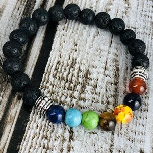 Black Lava Stone 7 Chakra Gemstone Bead Bracelet